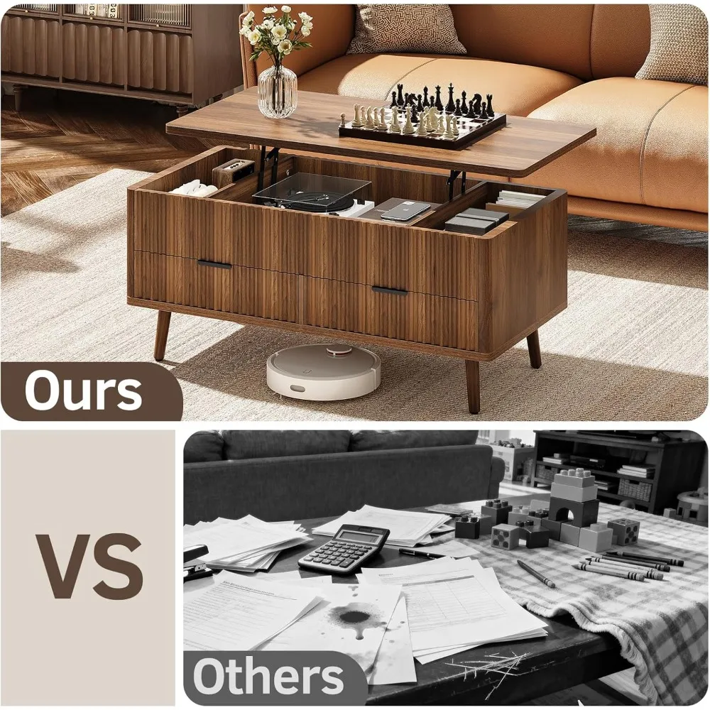 Lift Top Coffee Table with Storage - Fluted Wood Coffee Tables for Living Room with Drawers & Hidden Compartment, Mid Century Mo