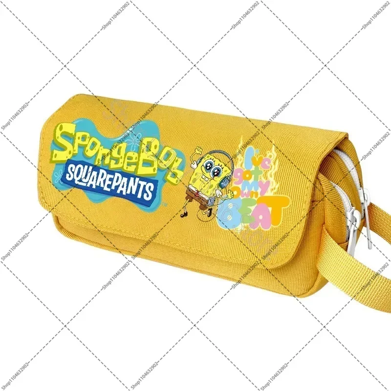 New SpongeBob SquarePants Pencil Case Cosmetic Bag Cartoon Character Pattern Print Large Capacity Double Deck Stationery Gift