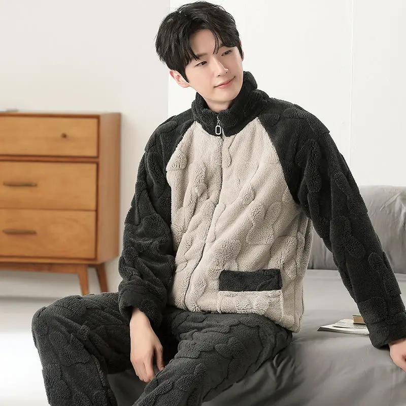 Patchwork Pajamas for Men Fleece Winter Sleepwear Korean Sleeping Night Wear Zipper Pijama 2 Pcs Pants Sets Warm Home Suit 2024