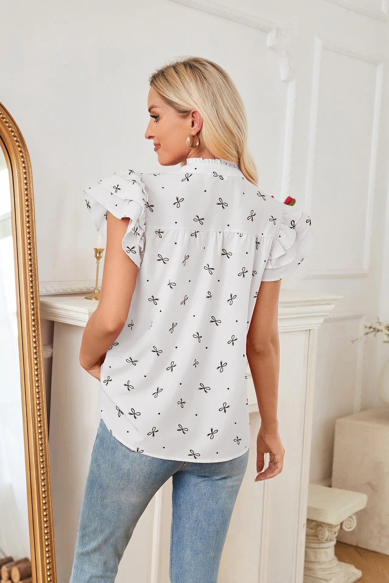 Summer Elegant Women's Blouse New V-neck Short Sleeve Print Loose Shirt Casual White Tops Office Lady Blouses 2025 Blusas Mujer