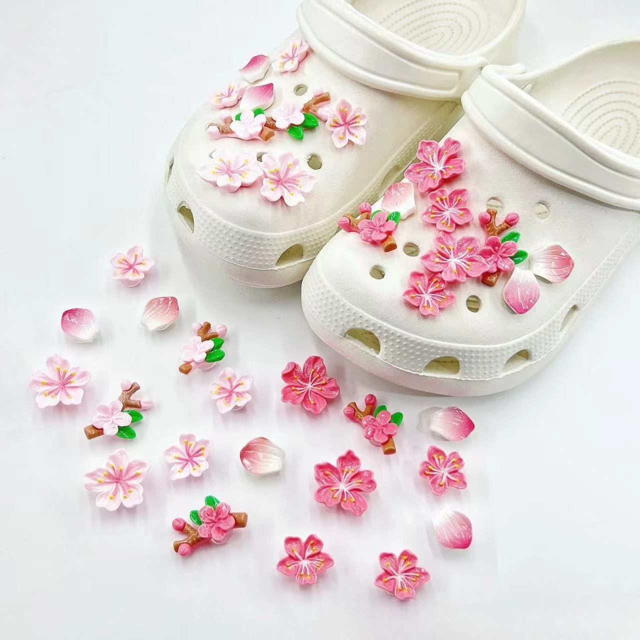 Creative Branches Cherry Flower Set Shoe Charms For Clogs Hole Bubble Slides Sandals Removable Shoe Decoration Accessorie Gifts
