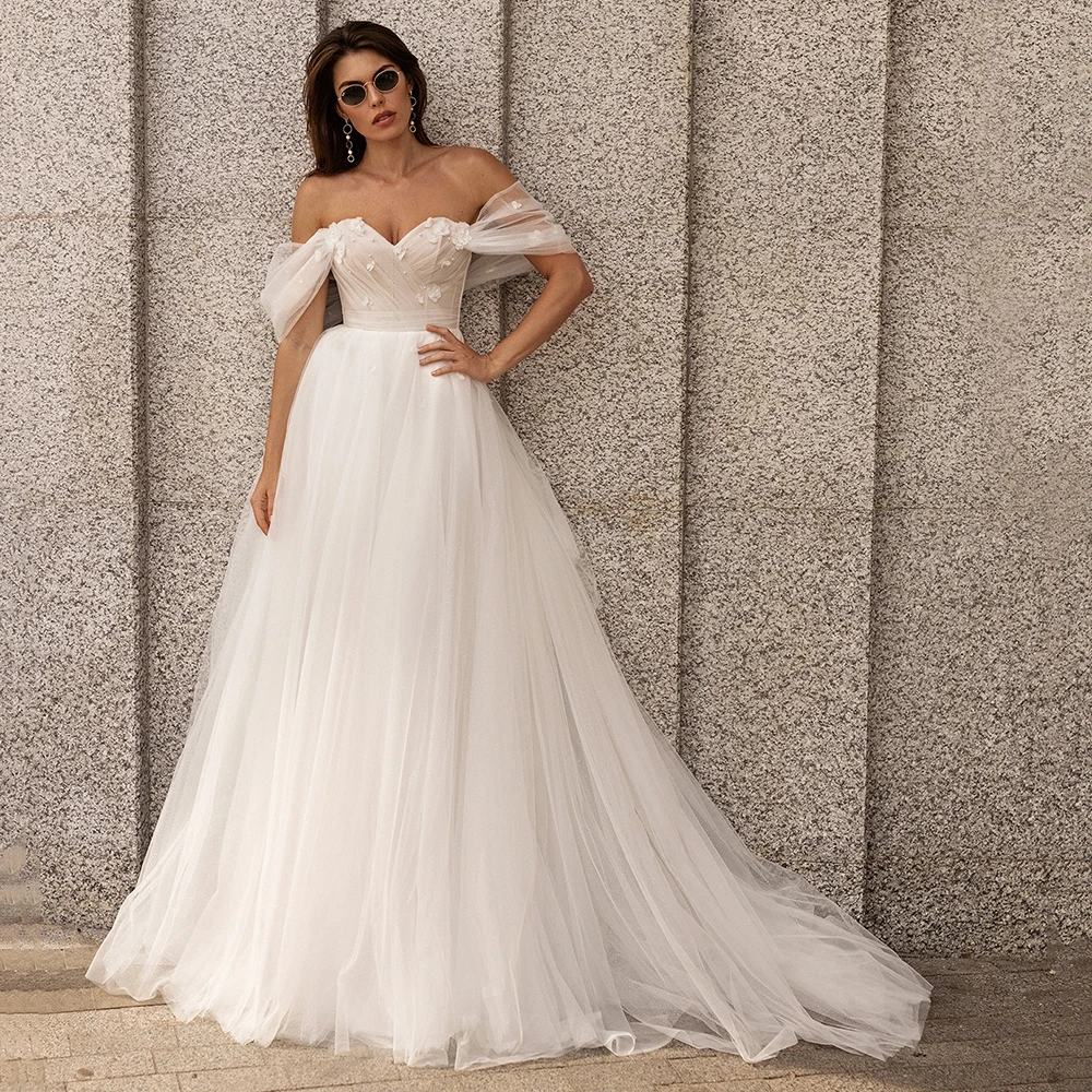 

Elegant Off-shoulder Civil Wedding Dresses Soft Tulle A-line Country Bridal Gown Corset Bride Dress Robe de Mariee