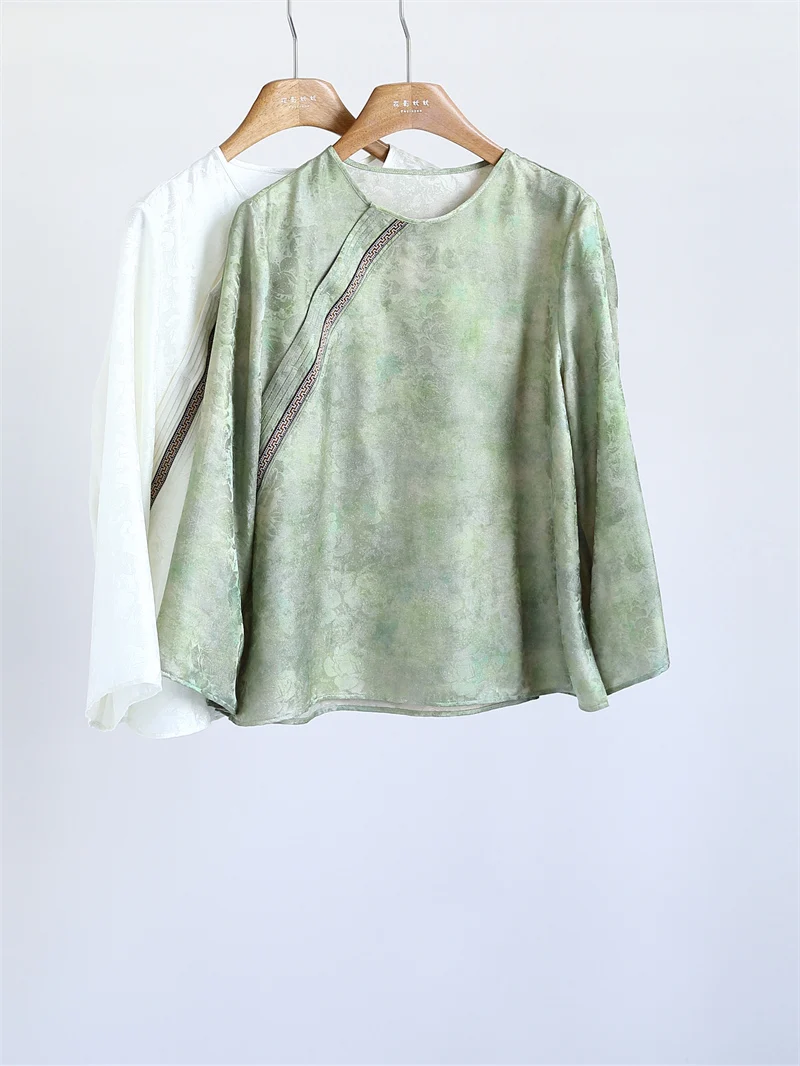 

Элегантная шелковая блузка с вышивкой в новом китайском стиле, женская модная универсальная рубашка с длинным рукавом и круглым вырезом, омолаживающая образ T60329