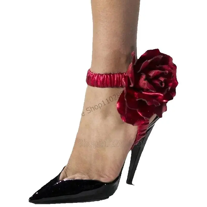 

Red Appliques Decor Black Pointed Toe Pumps Elastic Band Women Shoes Thin High Heels New Fashion Runway 2026 Zapatos Para Mujere