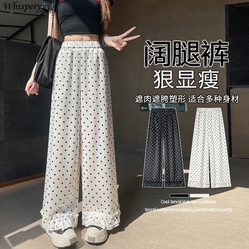 

Satin Polka Dot Wide-leg Pants Women Spring Summer High Waist Casual Straight Pants Femme Korean Style Wood Ear Edge Trousers