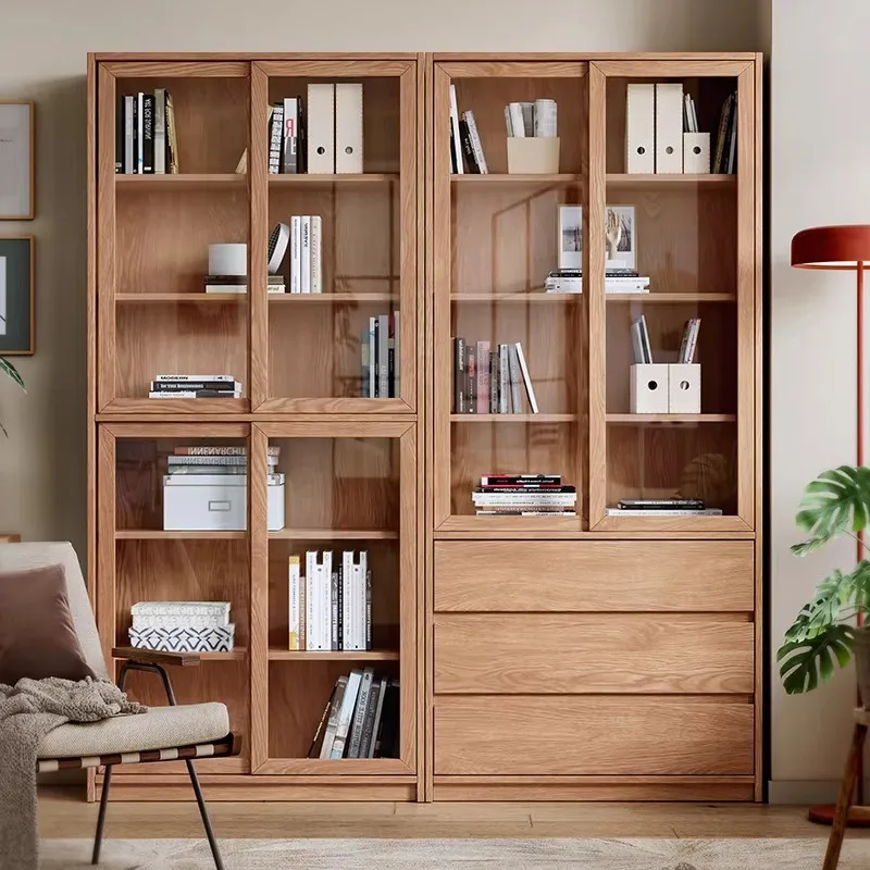 All solid wood oak living room bookcase integrated whole wall with glass door dust-proof sliding door shelf storage display