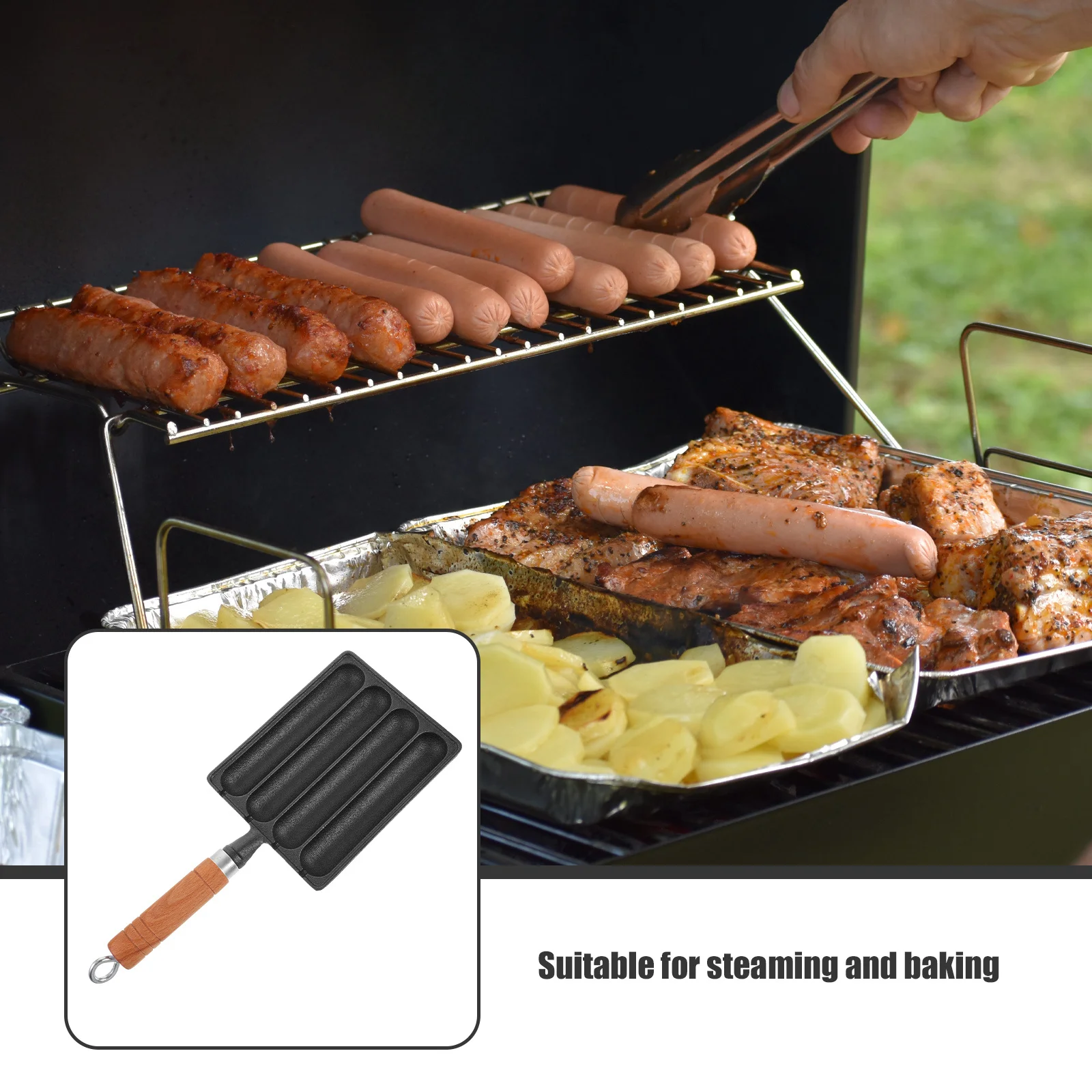 Molde de hierro para salchichas con 4 ranuras, bandeja para hornear, herramienta para cocinar al vapor para perros calientes, suministro de parrilla de comida para barbacoa hecho a mano, molde para salchichas, herramienta para asar a la parrilla para perros calientes