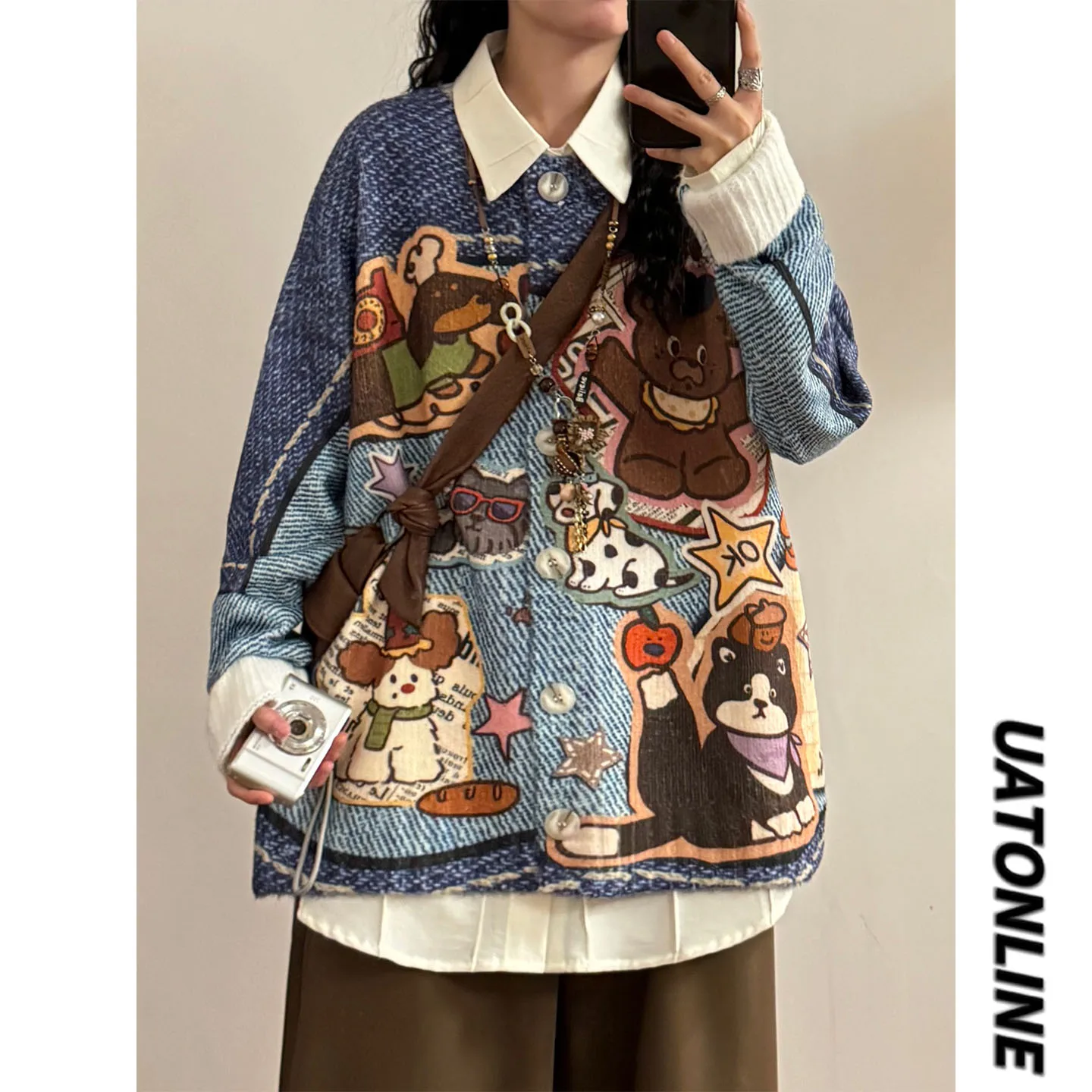 

UATONLINE Autumn Winter American Retro Denim Pattern Bear Print Knitted Cardigan Sweater Women's Loose Fit Long Sve round ...