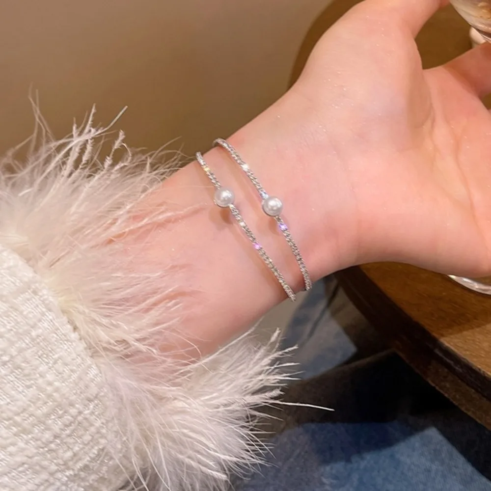 심플 진주 오픈형 뱅글 이중 레이어 핸드 링 라인스톤 팔찌 신부 장신구 손목 장식 웨딩 프롬
