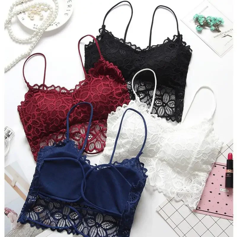 Lace Beauty Floral Underwear Back Cross Slim Chest Pad Gathered Hollow Tube Top Underwear Women Bra  Wireless Full Cup Bralette