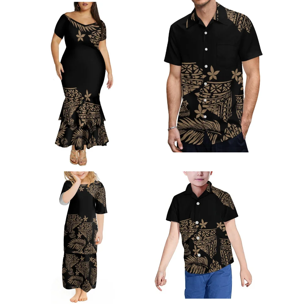 Conjunto familiar para adultos y niños, falda de cola de pez doble con hombros descubiertos y cuello en V polinesio para mujer, camisa personalizada para hombre