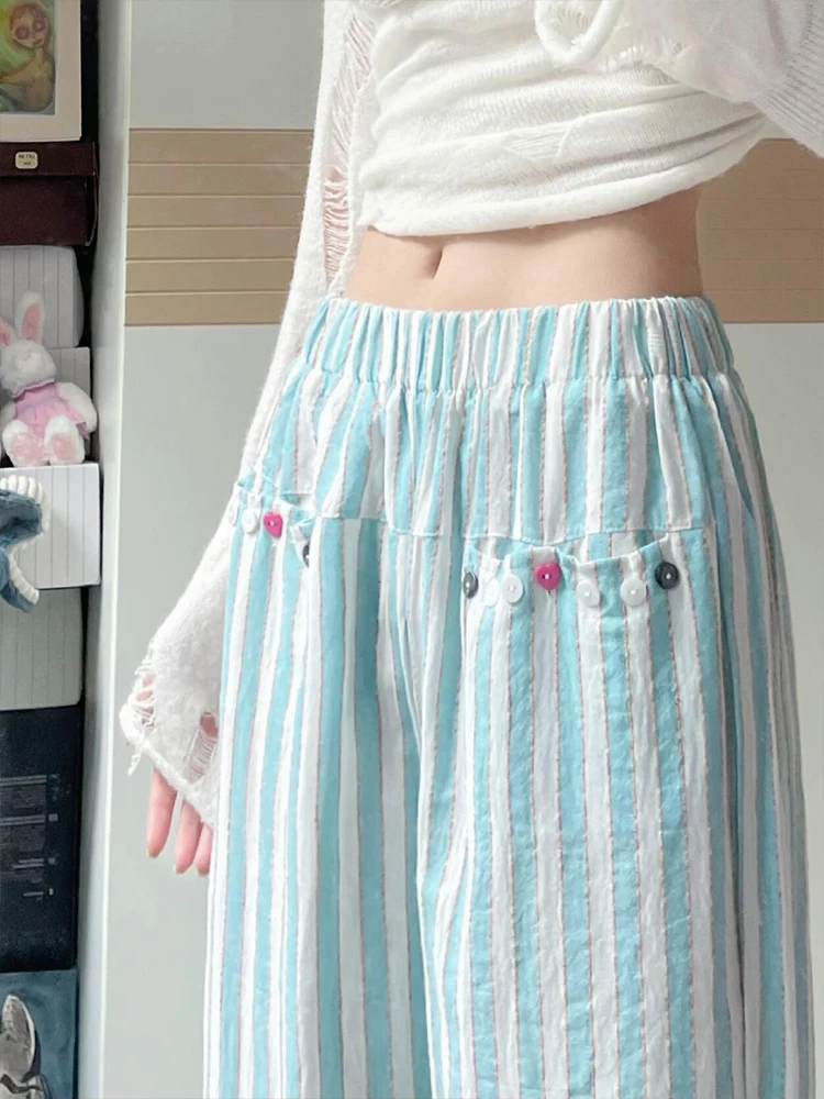 Niebieskie spodnie damskie z bawełny i lnu w paski, letnie, cienkie, luźne, z szerokimi nogawkami, w stylu lazy, proste, z wysokim stanem.