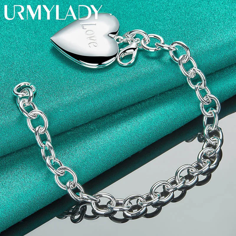 

URMYLADY 925 Sterling Silver Love Heart Photo Frame Bracelet For Women Wedding Engagement Gift Fashion Jewelry
