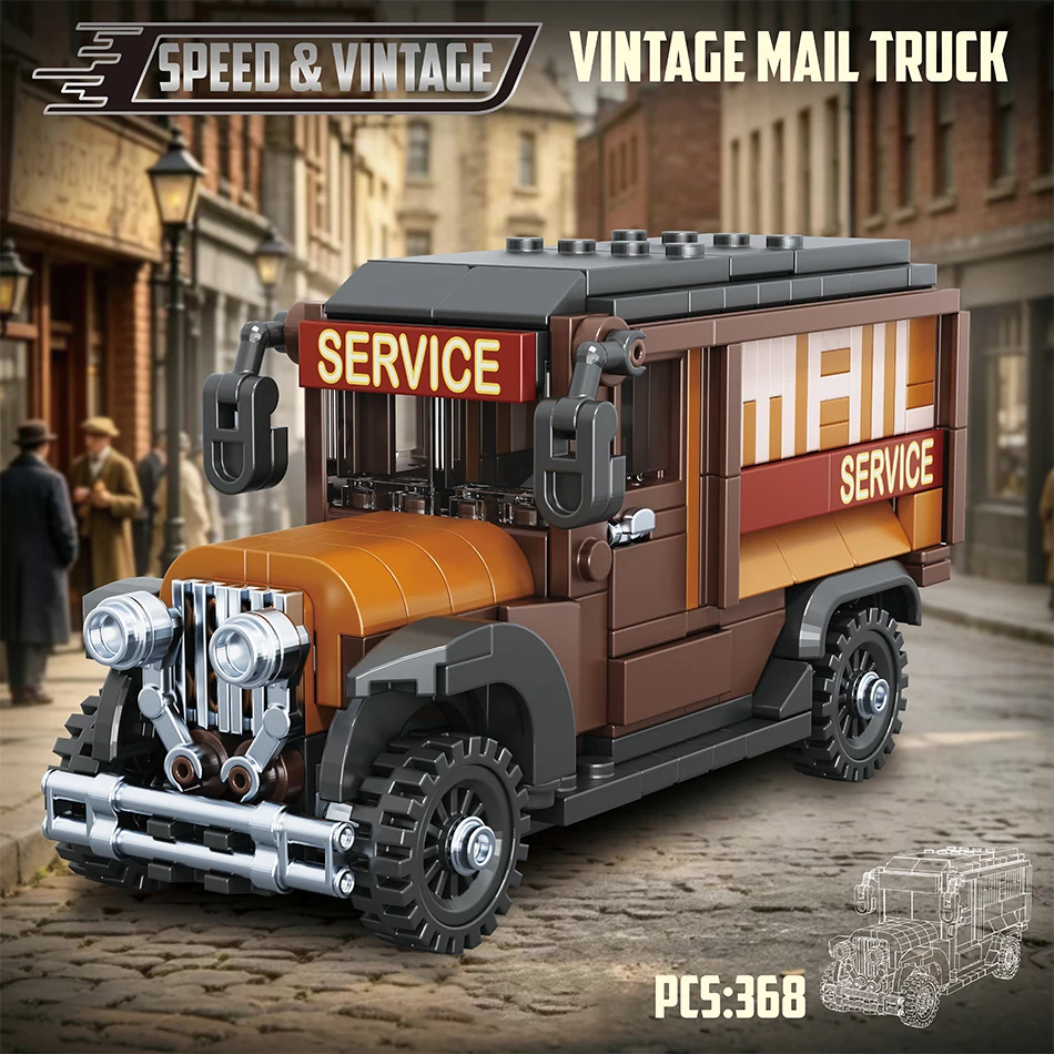 368 PCS City 1929 Vintage Mail Truck Model Building Blocks Retro Postal Service Van Vehicle Ornaments Assembly Bricks Toys Gifts