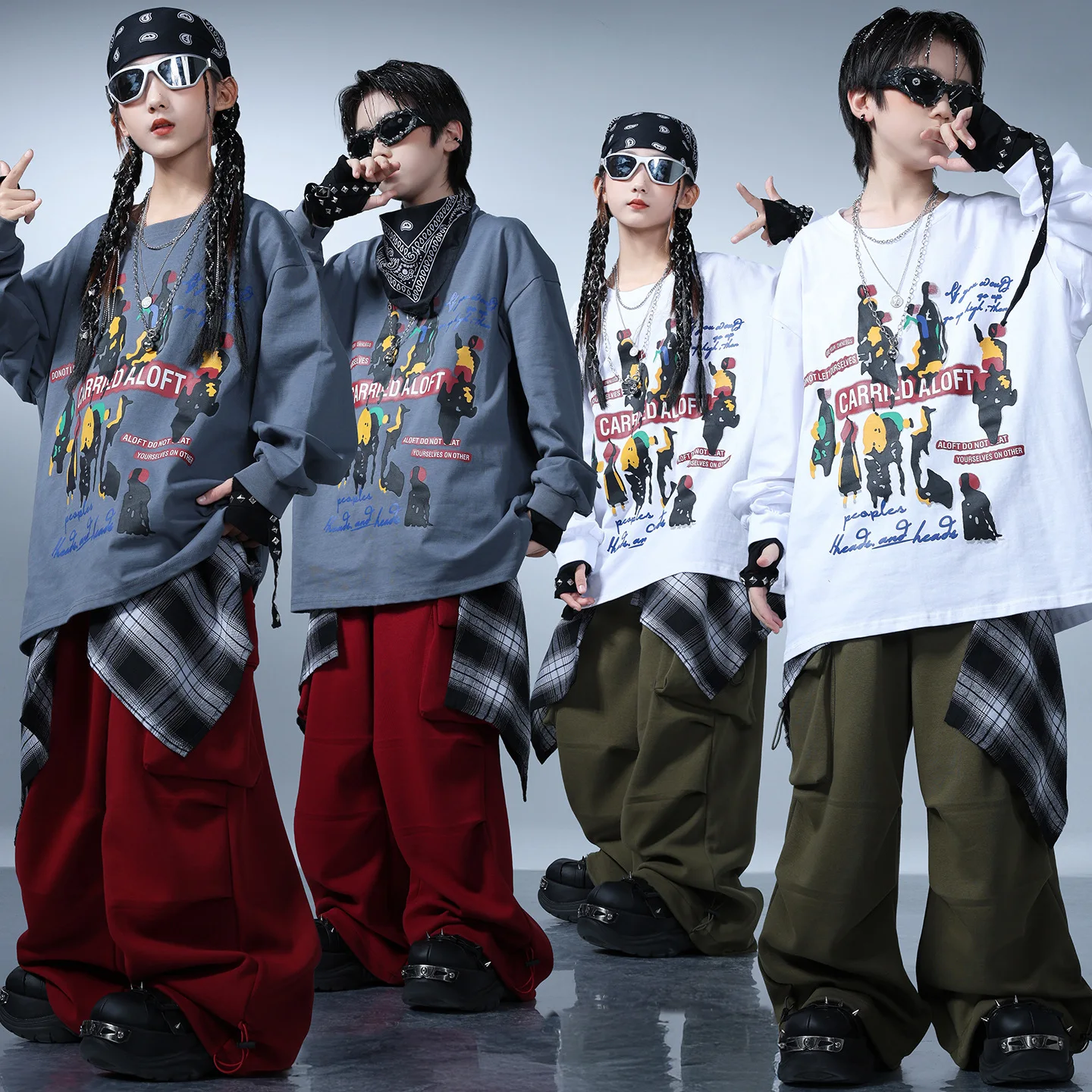 

Kid Hip Hop Clothing White Gray Print Sweatshirt Army Green Red Casual Parachute Cargo Pants for Girl Boy Dance Costumes Clothes