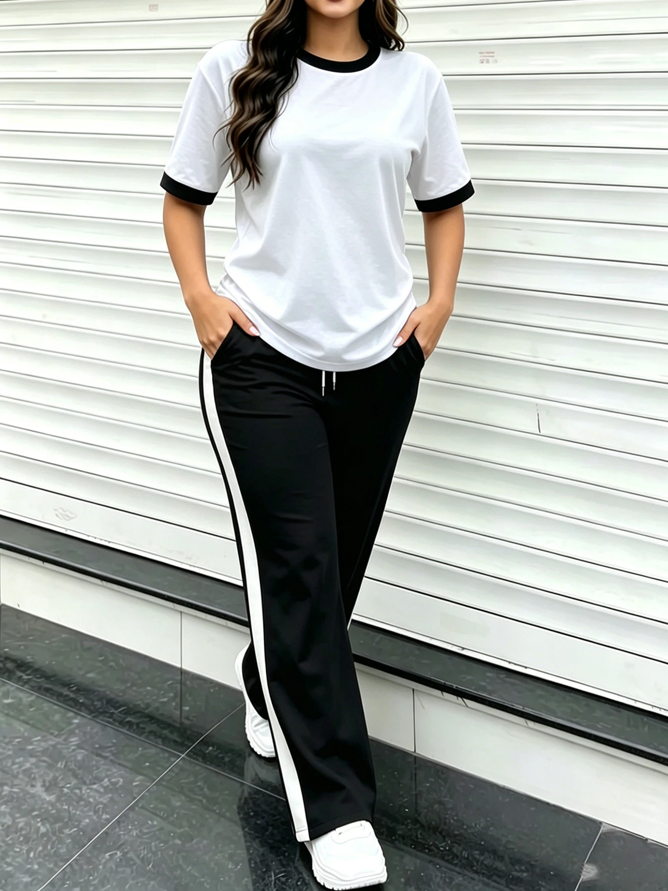 Everyday versatile casual outfit, solid color women's two-piece set, loose-fitting and flattering women's suit, youthful and age-reducing short-sleeve long pants jogger set, autumn and winter school wear, women's clothing