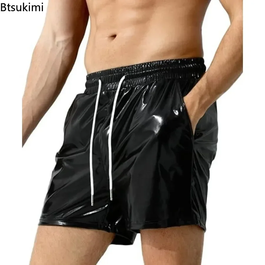 2025 Men's Casual Shorts Sparkling Bright Color Trendy Elastic Waist Adjustable Drawstring Shiny Short Pants Loose Beach Shorts