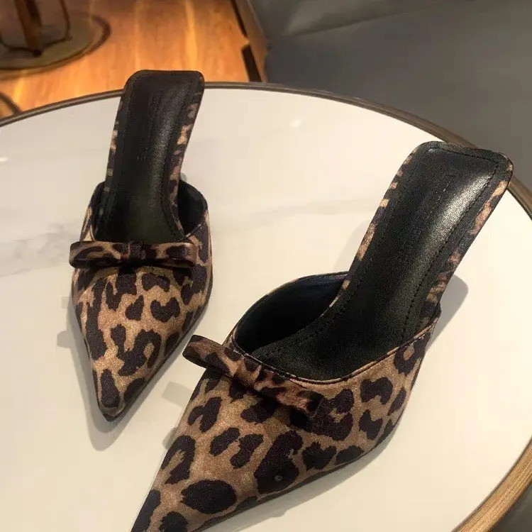 

women's leopard-print pointed high-heeled slippers fashion bow stiletto slippers elegant party dress sandals office high heels