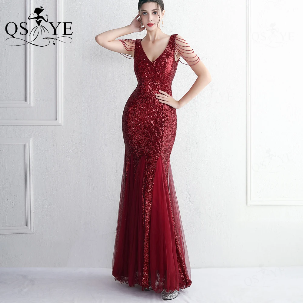 

Beading Straps Burgundy Evening Dresses V Neck Long Mermaid Prom Gown Backless Tulle Hem Glitter Sequin Lace Formal Party Dress