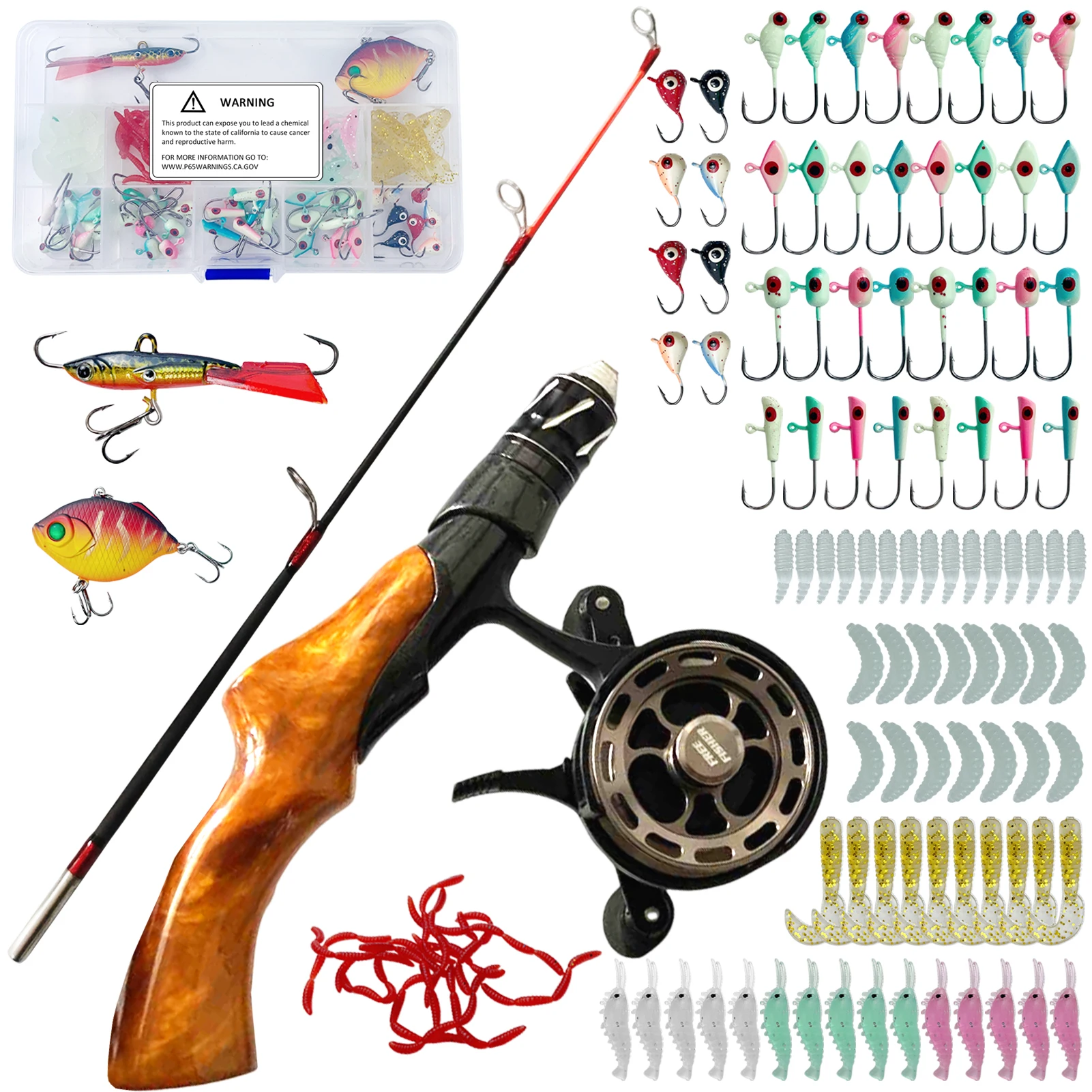 FREE FISHER Caña pesca en hielo con carrete y jig head para vinilo