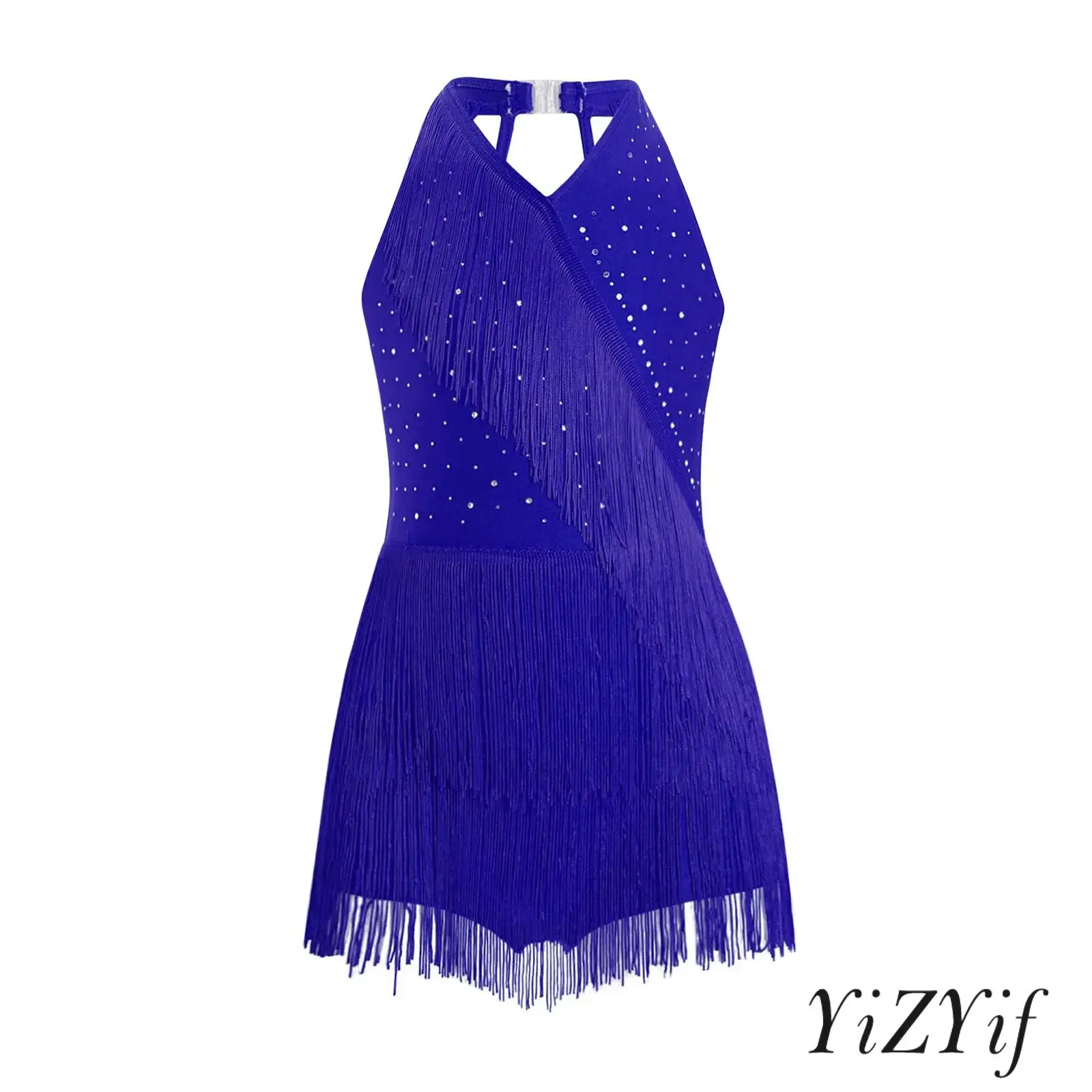 

Girls Latin Jazz Dance Costume Halter V-neck Tassel Jumpsuit Glittery Rhinestones Fringe Dancing Leotard for Figure Skating