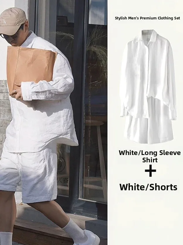 

Linen Cotton Men's Shirt Set Loose Fit Long Sleeve Breathable Five-Point Shorts Two-Piece Set Comfortable Lazy Style Clothing