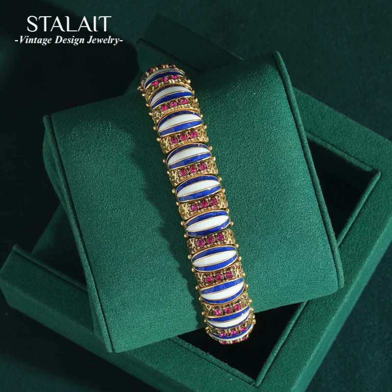 

Vintage Jewelry Blue Rhinestones Enamel Bangles Bracelet For Woman Gold Color Luxury Accessories Antique Valentine Day Gift 2025