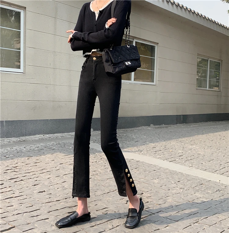 High Waist Straight Leg Jeans Women's Spring Summer New Style Korean Version Slim Fit Asymmetrical Slit Nine-Piece Denim Pants