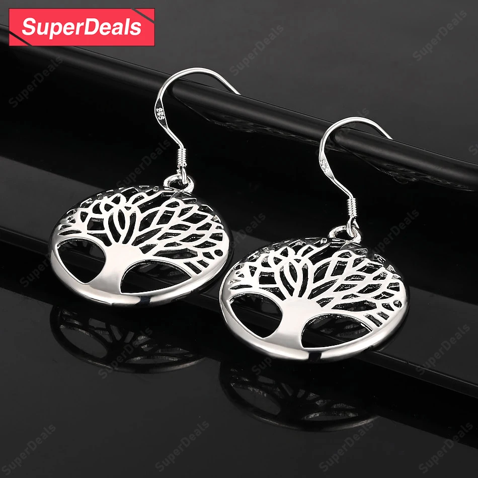 

SuperDeals 925 Sterling Silver Hollow Tree Of Life Drop Earrings Women Engagement Wedding Birthday Party Fashion Jewelry Gift