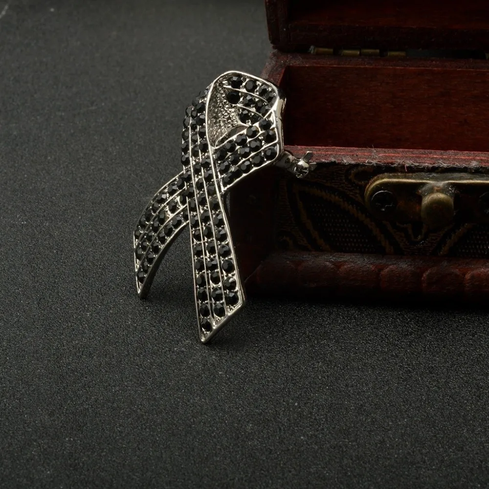 Rhinestone Crystal Black Ribbon Pin Awareness Skin Cancer Funerals Memorial Pin Lapel Pin Vintage Mourning Badge Brooch