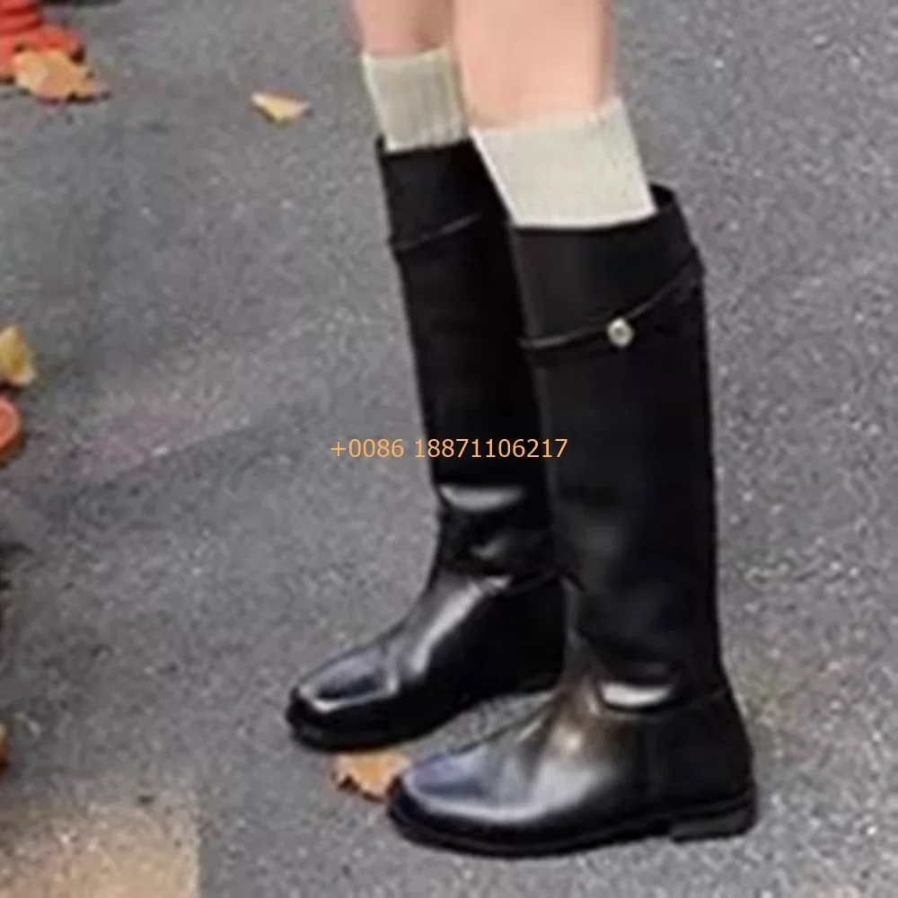 Genuine Leather Knee-High Knight Boots 2024 Autumn Black Fashion Women's Office Casual Boots Round Sexy Thick Heel Leather Boots