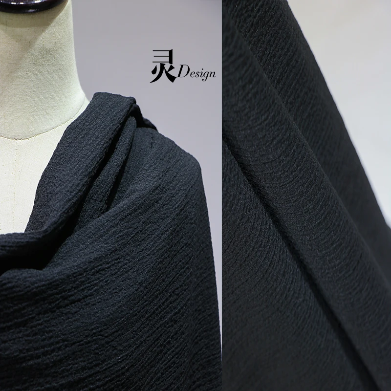 Retro Cotton Linen Fabric Black Double-sided Pleated Dress Scarf DIY Clothing Designer Cloth Sewing Material By The Meter