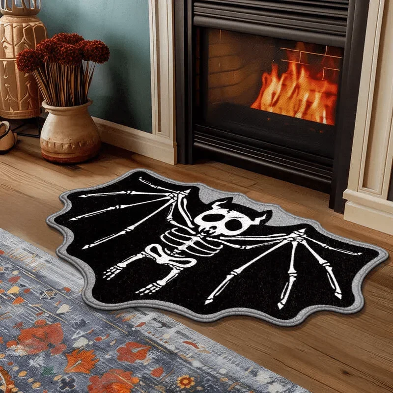 VIKAMA Skeleton Bat Alien Doormat, Non-Slip, Absorbent Gothic-Style Bathroom Mat, Halloween Bedroom Decor Mat, Home Decor