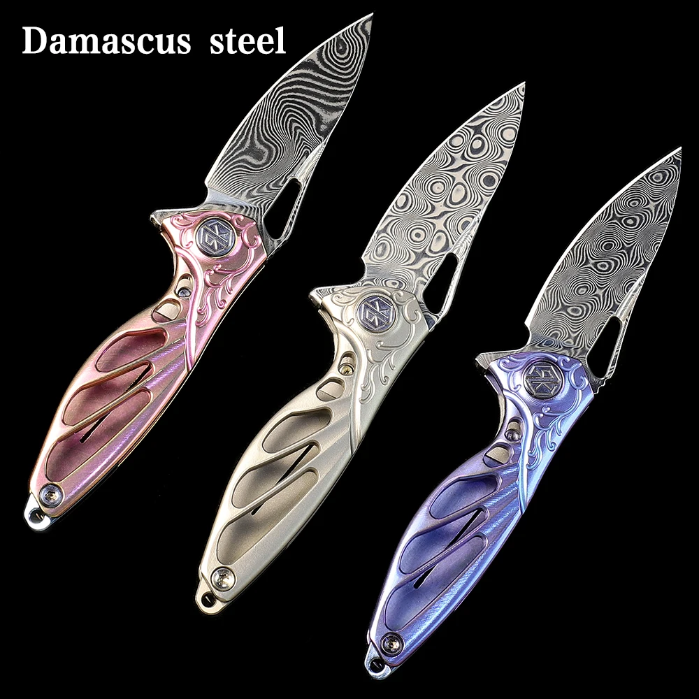 RIKE Knife Keychain mini Knife Damascus Folding Knife  Titanium Alloy Handle Neck Chain Knife For Women Self Defense