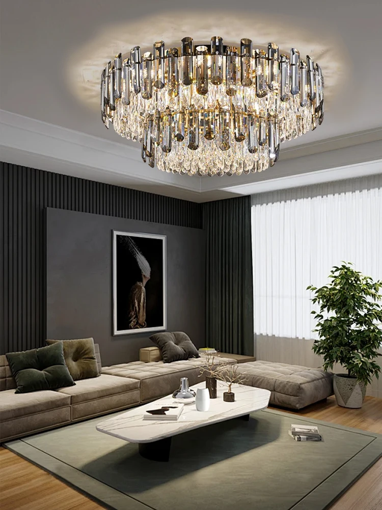 

2024 Minimalist Luxury Gray Translucent Crystal Ceiling Lamp Home Decoration Living Room Light Fixture Big Lampara De Techo