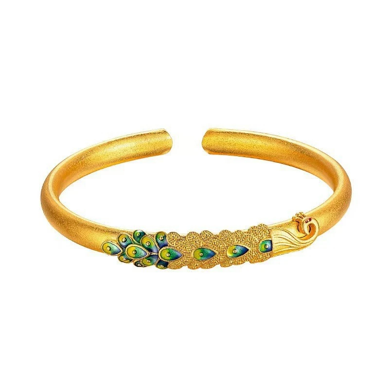 OUYADI Ladies 14K Gold Plated Stainless Steel Color Enamel Peacock Open Bracelet,Vintage Ethnic Adjustable Bangle Jewelry Gift