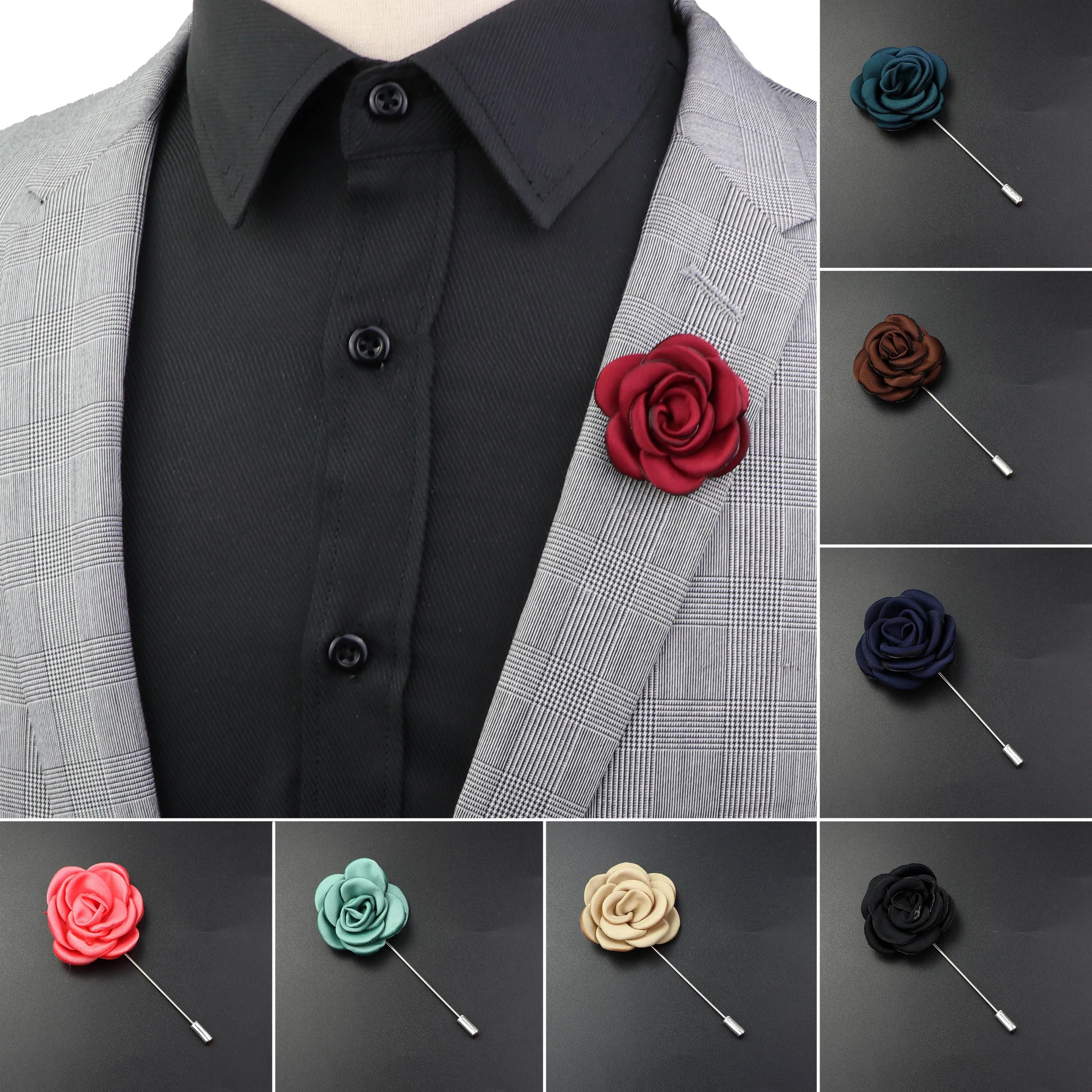 Men\'s Handmade Fabric Flower Brooches Floral Brooch Pin Corsage Collar Lapel Pin Wedding Boutonniere  Jewelry Clothes Accessory