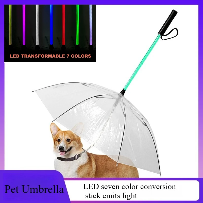 

Transparent Pet Umbrella Dog Supplies Creative LED Seven Color Transformation Mid Stick Glowing Rainy Day Dog Walking Leash