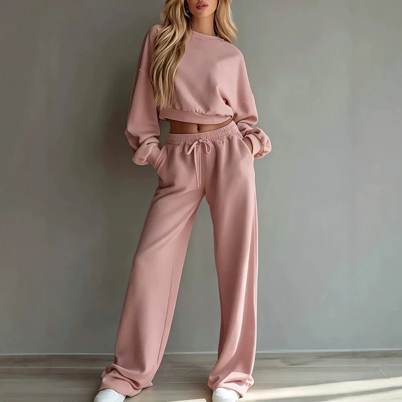 OMSJ 2026 Fashion Loose Set Sportswear Women's Round Neck Sweatshirt+Drawstring Pants Two-piece Comfortable Fitness Jogging Suit