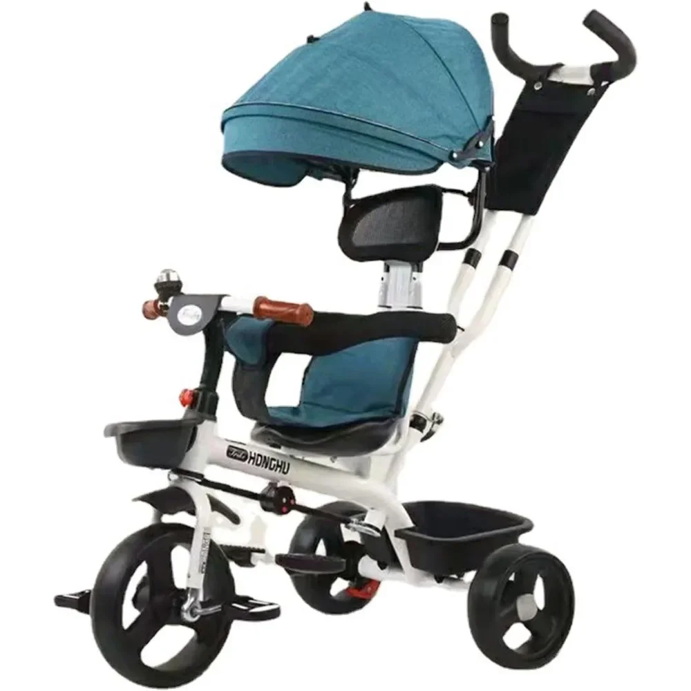 2 in 1 Baby Stroller with Foldable Pedal Kids Tricycle with Large Rear Storage Guardrail Anti-Rollover for Infant Toddlers