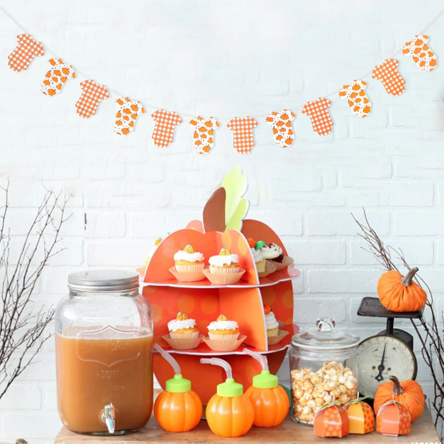 Little Pumpkin Bodysuit Baby Shower Banner Little Pumpkin On The Way Hanging Garland Fall Party Harvest Gender Reveal Decor - view 2