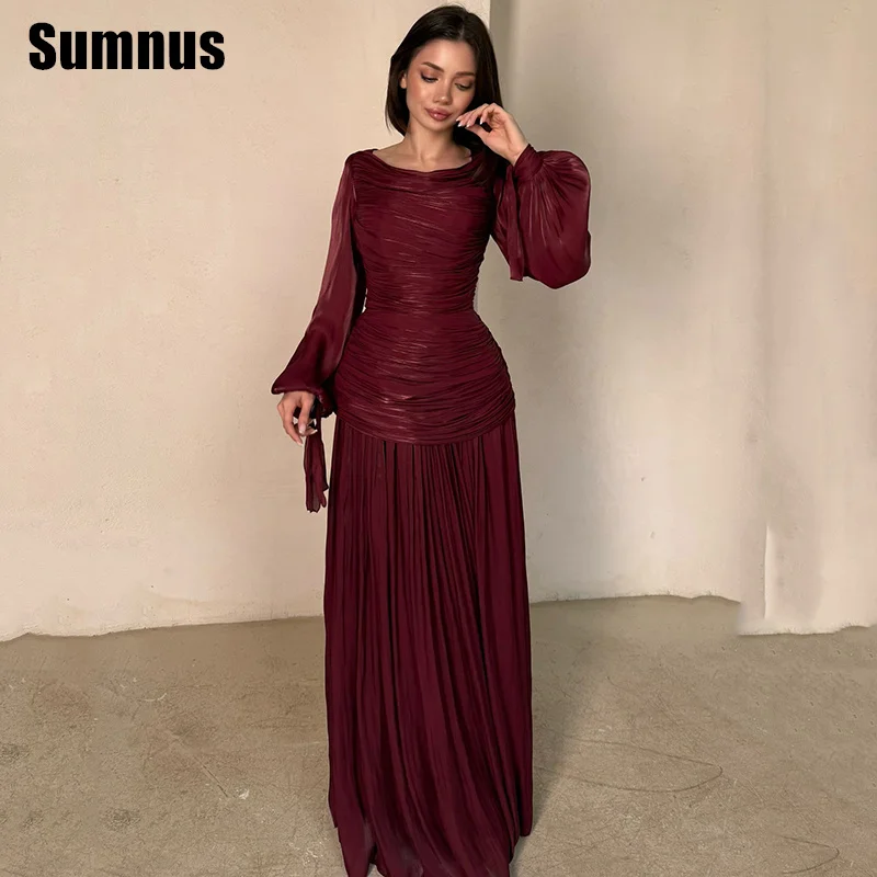 

Sumnus Modern Straight Evening Dresses O-Neck Puff Sleeves Pleats Draped Formal Occasion Gowns فساتين سهرة Customized
