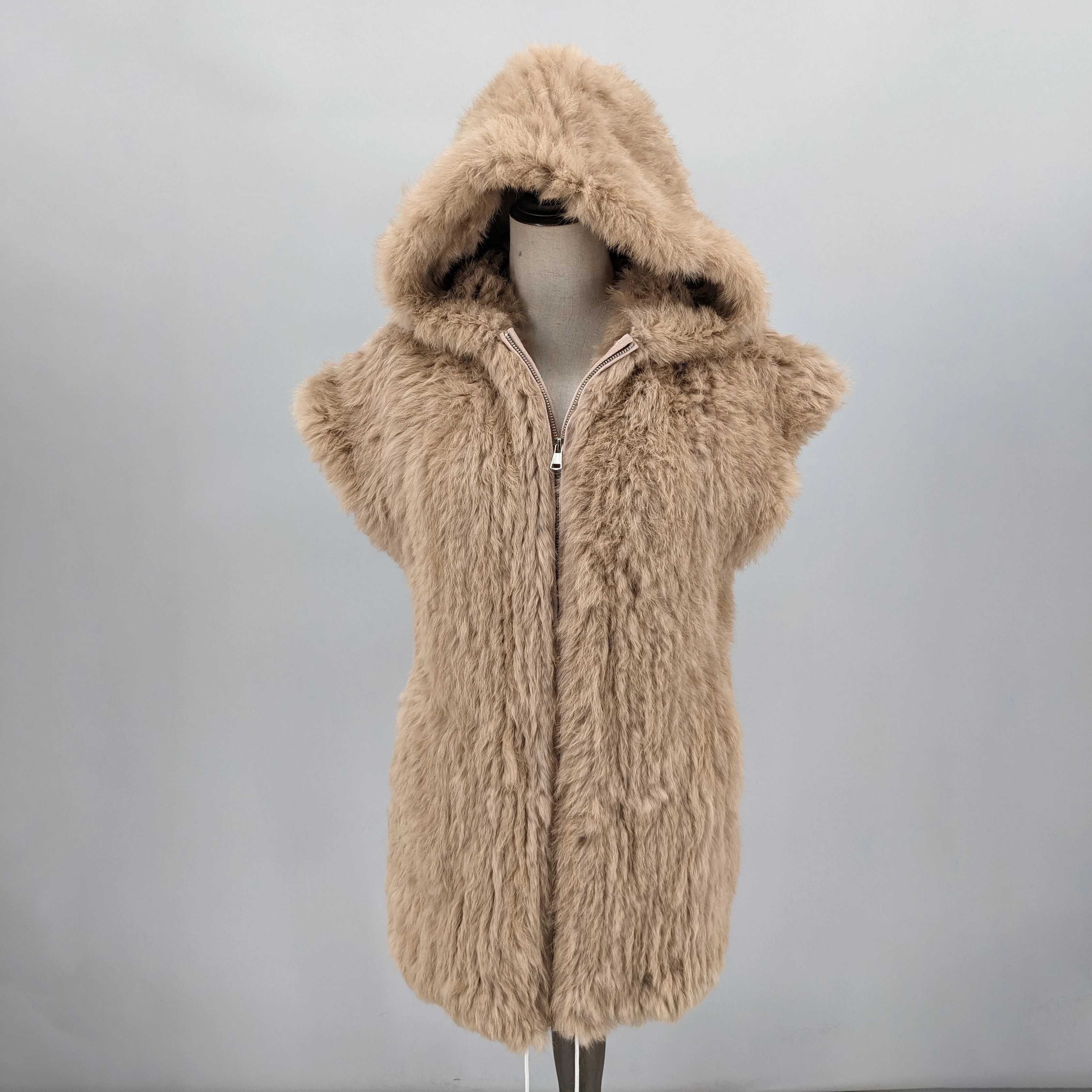 Damska kamizelka ze skóry królika rex, średniej długości, z kapturem, na jesień i zimę, długość 70 cm, 250210