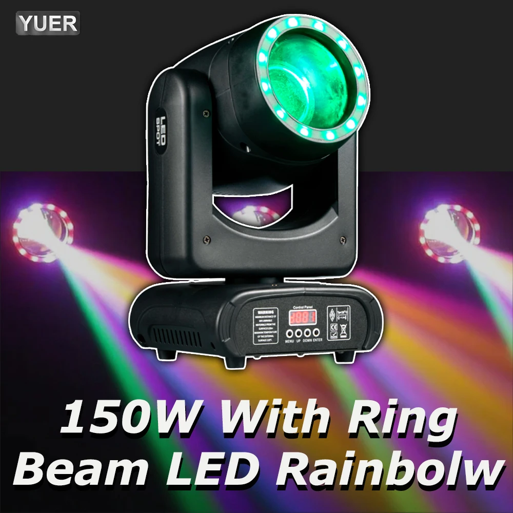 YUER Beam 150W Moving Head Light With Ring 3 in 1 LED Spotlight  With Aperture Rainbow Effect LED  7Gobo 18 Prism For DJ Disco