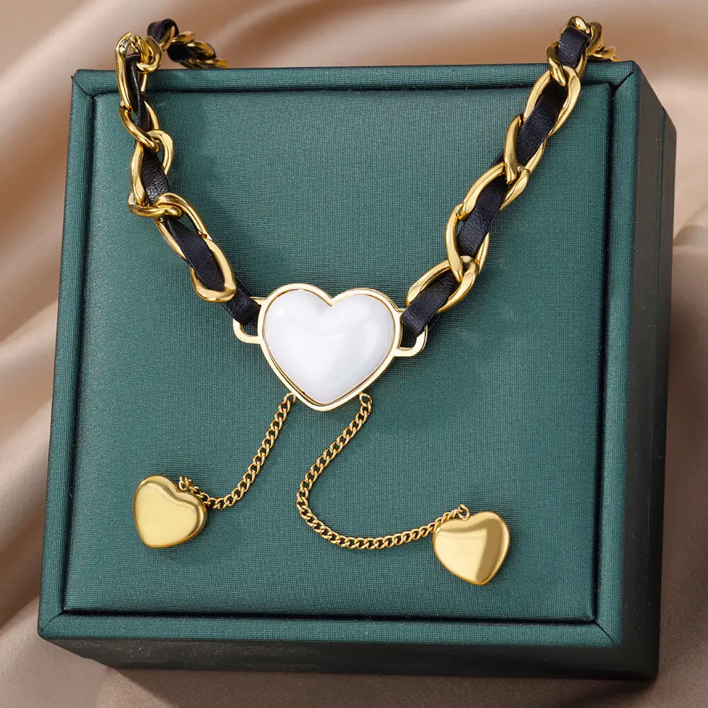 White Opal Heart Pendant Necklace for Women Gold Color Stainless Steel Leather Chain Necklaces 2023 Trend Luxury Jewelry collar