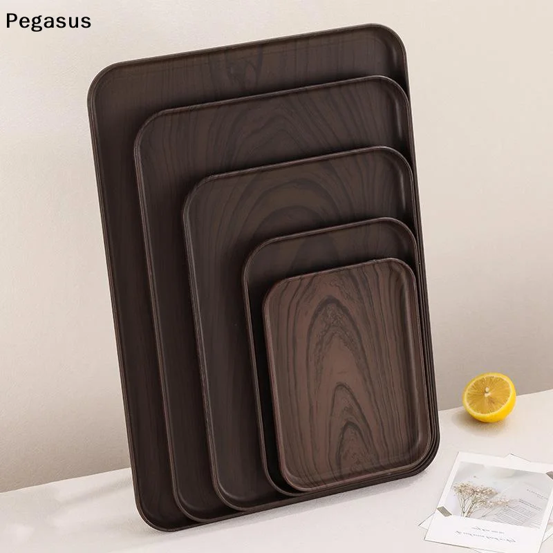 [S]Wood Grain Plastic Stackable Serving Tray Food Grade Reusable Tray for Dessert Fruit Tea Snack Home Restaurant Cafe Use