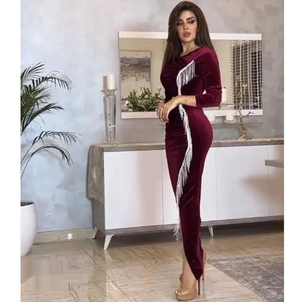 O-Neck Saudi Prom Dress Long Sleeves Evening Dress With Split Ankle-Length Women Wedding Party Gowns 2024 Arabia