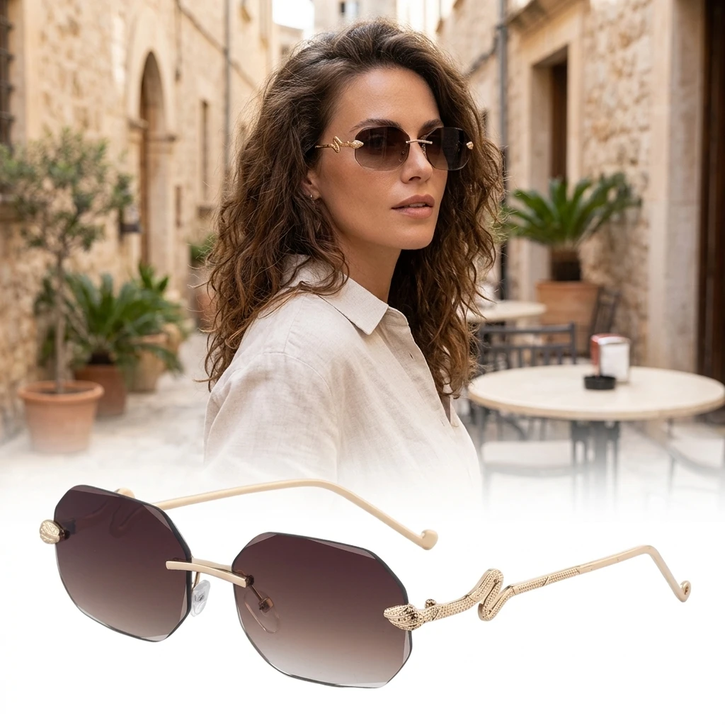 

Fashion Square Rimless Sunglasses Women Diamond Cut Edge Snake Head Trendy Luxury Shades for Ladies UV400 Eyewear