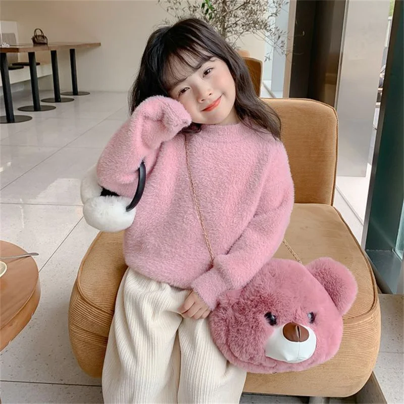 

Girls Sweater Wool Coat Kids Tops Knitting 2024 Fuzzy Thicken Warm Winter Autumn Christmas Gift Teenagers Children's Clothing