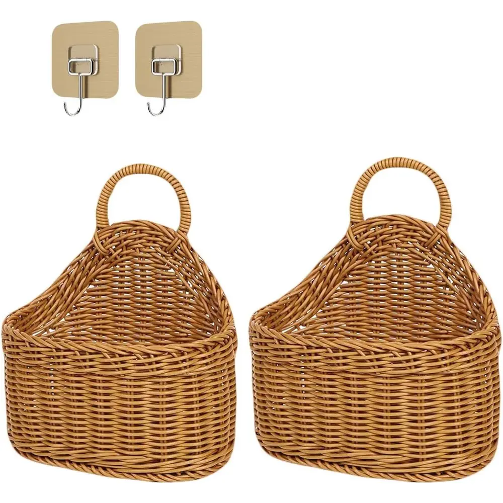 Hanging Storage Baskets, Plastic Woven Hanging Basket with Hook, Lower Bin with Handle, Kitchen Wall Basket for Ginger Garlic (B